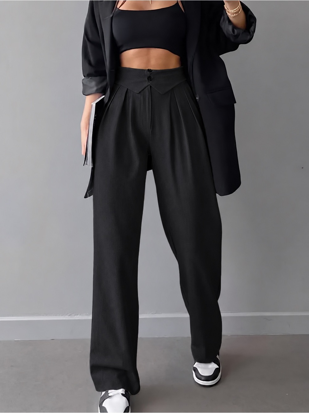 NWT Commense Street Black Fold Over Waistband Straight Leg Dress Pants M LL2-17